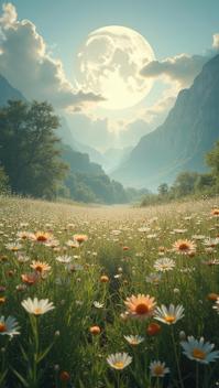 landscape of a Tranquil Moonwhisper Hamlet of the Silver Echoes, inside a Primordial flower field, ultrafine detailed, macro lens