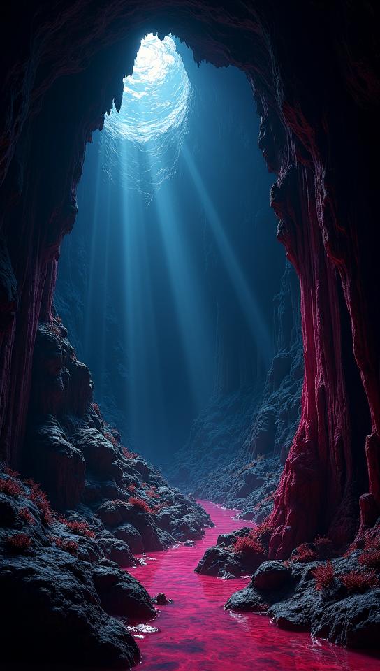 Vaporwave, landscape of a Serene Black and Maroon Crystal Cave and American Talking animal sanctuary, Fine art, Vivid Colors