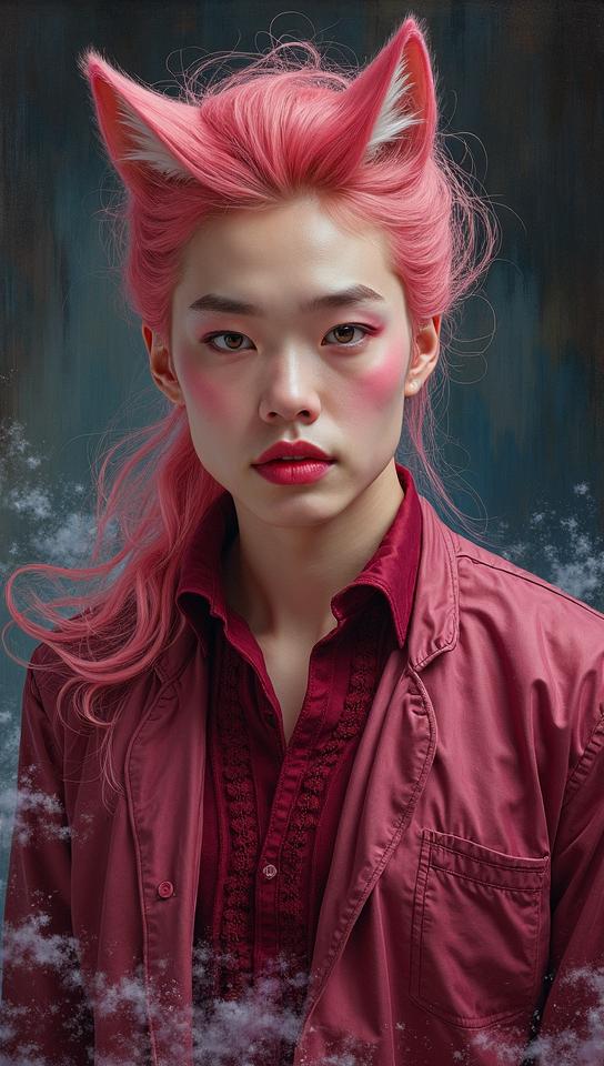 full length oil painting of glamourous Jimmy Fallon as a translucent artic fox spirit , full body , detailed face, wearing Burgundy Henley shirt
