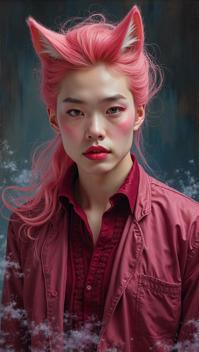 full length oil painting of glamourous Jimmy Fallon as a translucent artic fox spirit , full body , detailed face, wearing Burgundy Henley shirt
