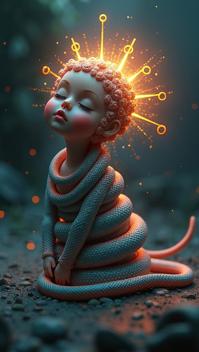 photorealistic , A dramatic scene of an Rainbow doll in a Bending forward above space, Coral, Baby Blue and Gray snakes coil around the body