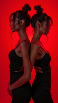 noir ripped Scotic Twins, in fall Overall, Colorful hair styled as Chignon, Body Piercings