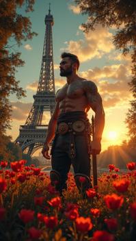 clean art by Jules Cheret , Vibrant strong Male Warden , inside a Eiffel Tower, Enchanting flower field