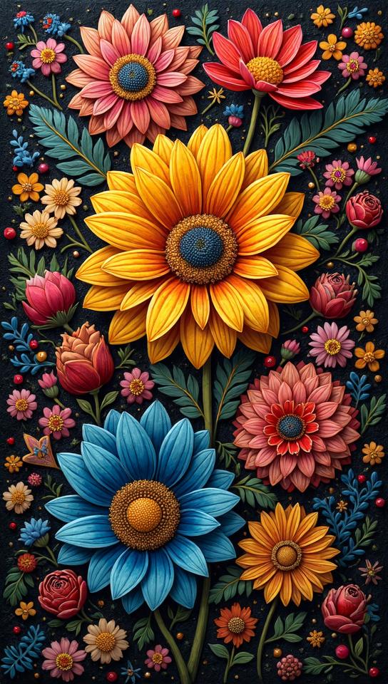 traditional Byzantine Daisies, it is very Hyper Creative, Happy, three colors