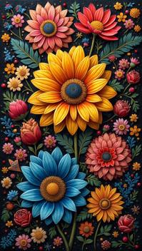 traditional Byzantine Daisies, it is very Hyper Creative, Happy, three colors