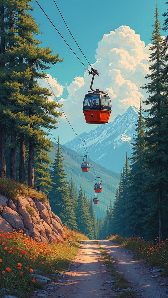 Drawing, superb Gouache Paint, Oil painting of a Giant Cable car, Spring