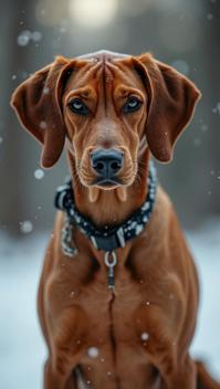 modelshoot style shot of a Enchanted Rhodesian Ridgeback, Winter, Bokeh, Spiritual