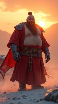 Kindhearted Masculine rotund Yuan Dynasty Guy from the Ice Age, wearing Athletic wear Poulaine , epic Robotic Arms, at Sunset