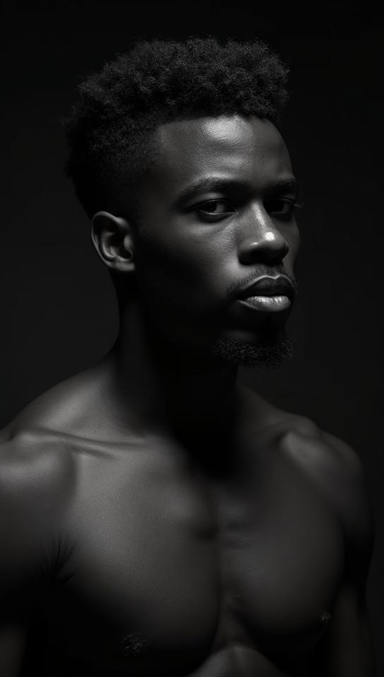 Vibrant Macho athletic Indonesian Dev Gareth , , Nigerian hair styled as The comb over fade, BW background