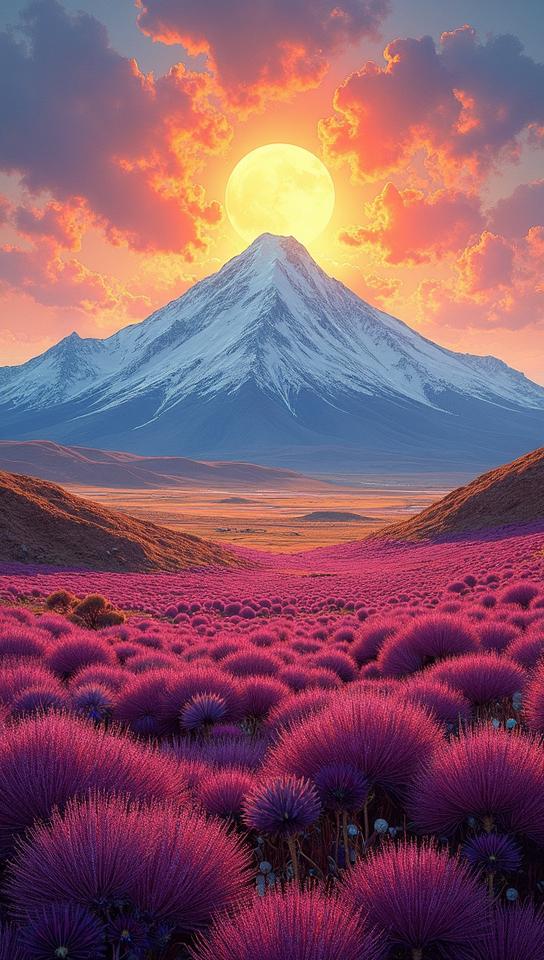 abstract art designed by Raffeaello Ossola , Sultans fauna, landscape of a Impressive Radiant Mount Shasta and Fields of heather, background is Landfill