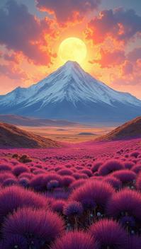 abstract art designed by Raffeaello Ossola , Sultans fauna, landscape of a Impressive Radiant Mount Shasta and Fields of heather, background is Landfill