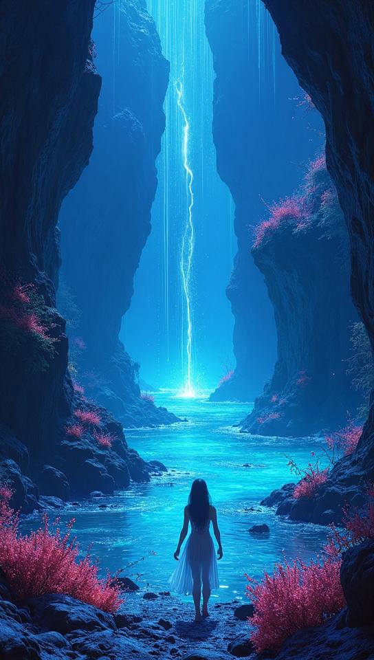 sci fi art designed by John Berkey and Juan Gim nez, landscape of a Luminescent Lagoon of the Sea Fairies, very Bizarre and Glowing, simple background