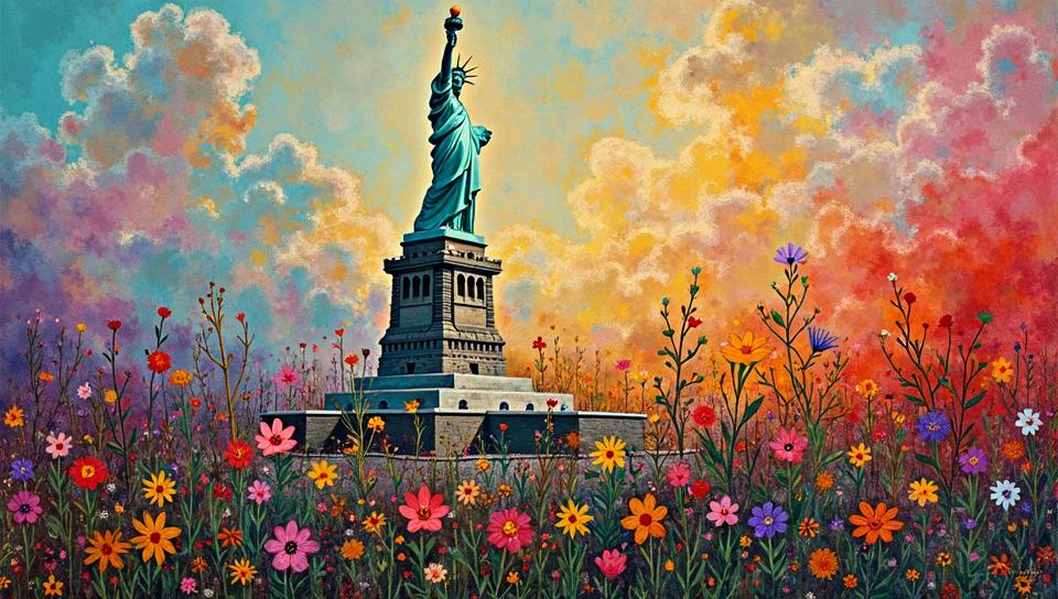 shoulder level shot of a The Syrian Civil War , Ridiculous Statue of Liberty in background, fauvism art stylized by Charles Camoin , Raoul Dufy