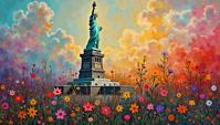 shoulder level shot of a The Syrian Civil War , Ridiculous Statue of Liberty in background, fauvism art stylized by Charles Camoin , Raoul Dufy