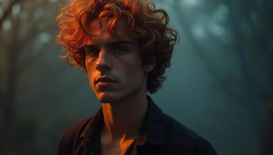 Portrait, Male Musician, he has Auburn hair, Smoky Conditions