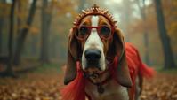 Clever hefty Basset Hound, it is Horse back riding, wearing Dance costume, Sexy Round Glasses