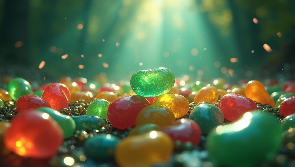 vibrant D Rendering, Atompunk, Golden ratio, angle from below of a Cream jellybeans