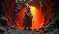 felt style, cinematic shot of a lowborn rotund Female Rabbi , Zulu lava pit, stylized by John Totleben