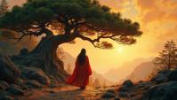 ground level shot of a Chinoiserie Pine tree , Revealing, calligraphic lines, fantastic realism