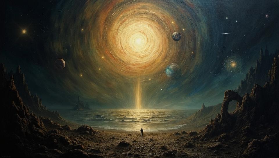 popular art by Tomasz Alen Kopera, In the dance of shadows and light, the universe weaves its symphony of eternal mysteries , Surrealistic painting