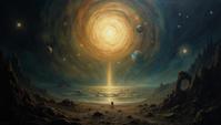 popular art by Tomasz Alen Kopera, In the dance of shadows and light, the universe weaves its symphony of eternal mysteries , Surrealistic painting