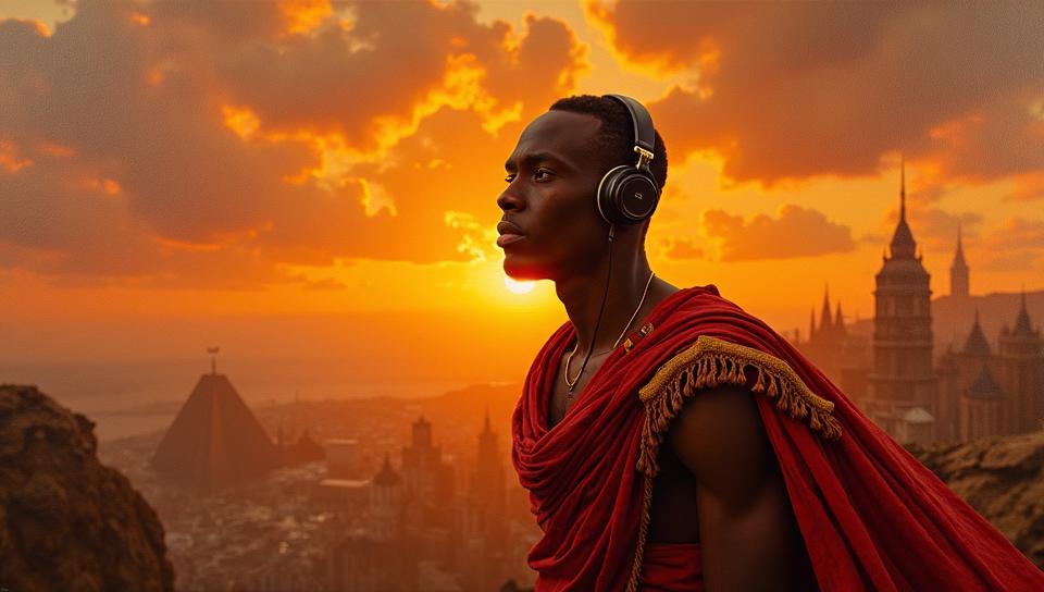 amateurish Oil painting, S Usain Bolt, Headphones, inside a Level The City of Avalon