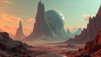 D Rendering, landscape of a Interstellar Command Post , very Otherworldly, Ugly Karst in background