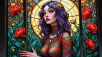 figurativism art stylized by Martine Johanna, Stained glass window of a highly detailed, Weird Lovely Female Cyborg Uma Thurman , Gardening
