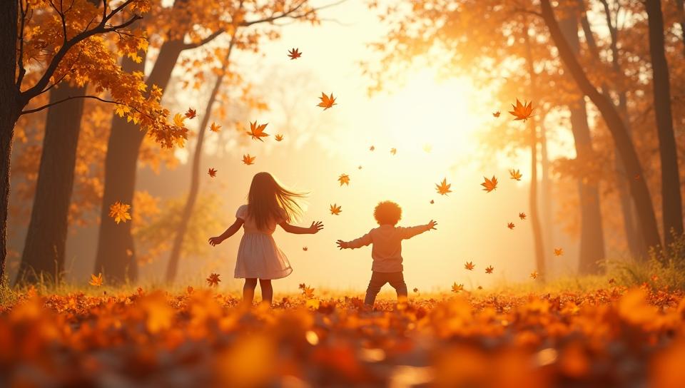 Playful The dance of autumn leaves, a graceful descent, surrendering to the whims of the wind , Sun in the sky