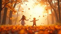 Playful The dance of autumn leaves, a graceful descent, surrendering to the whims of the wind , Sun in the sky