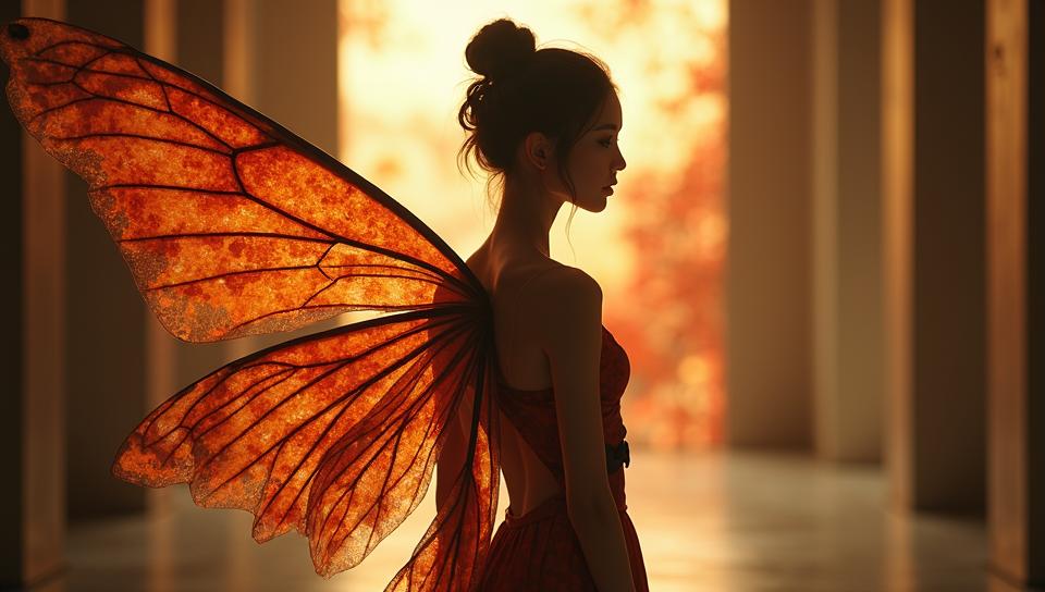 slim Edo Period Laila with Rust skin, Laila has a charming Fairy Wings, inside a Office building, Abstract Illusionism
