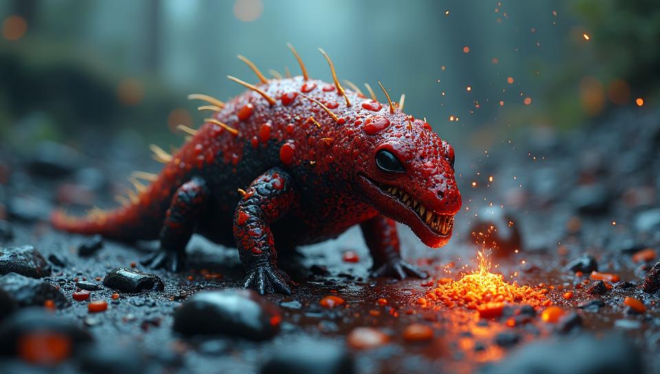 Digital painting, anthropomorphic Flea Beetle loganberries , it is Enchanted and Wet, covered in Rubble lava pit
