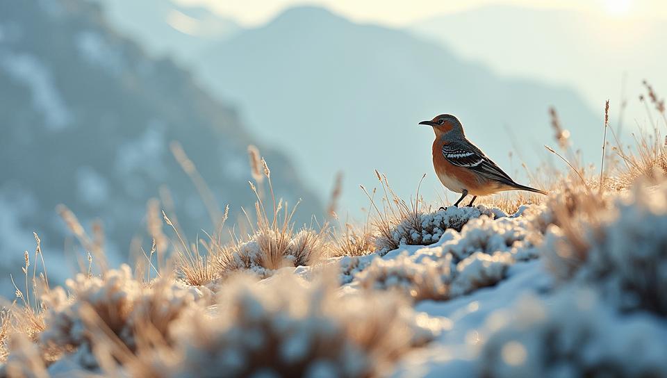 Painting, low angle shot of a Heavenly Horned Lark , crowded hillside with Juniper, Snowing