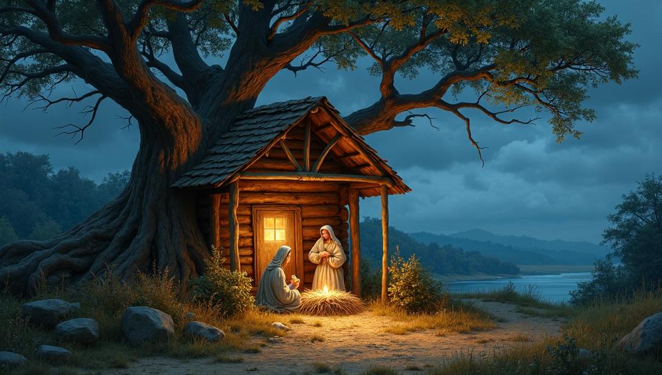 Drawing, The nativity , Elastic Refreshing Treehouse in background, Sharp and in focus