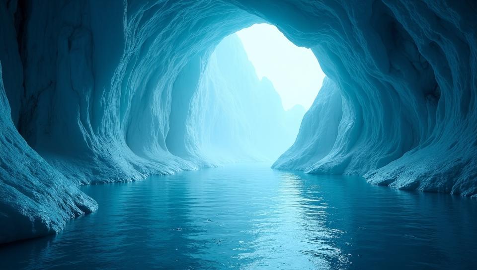 Stone lake, landscape of a Mediterranean from inside of a Ice cave, Vaporwave, art by Clint Langley