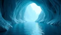 Stone lake, landscape of a Mediterranean from inside of a Ice cave, Vaporwave, art by Clint Langley