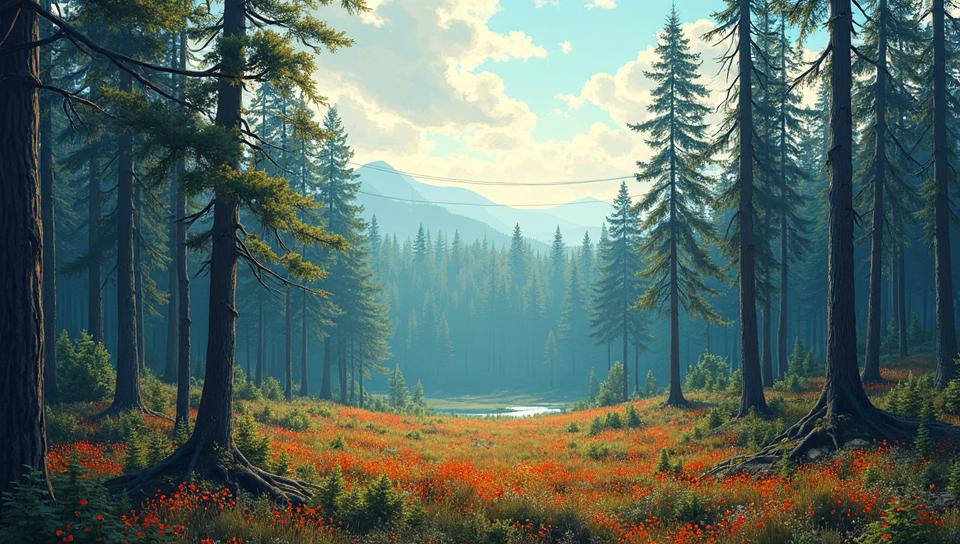 foliage, landscape of a Drab Abandoned Coniferous Forest , unfussy, comedic storytelling