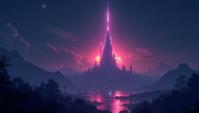stylized by John Reuss, majestic, landscape of a Extraordinary Cyber Spire, at Nighttime