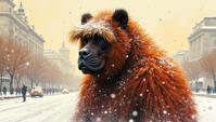 Drawing, Gritty plump Rwandan King Louie from The Jungle Book , Light hair styled as Blunt bangs, cityscape