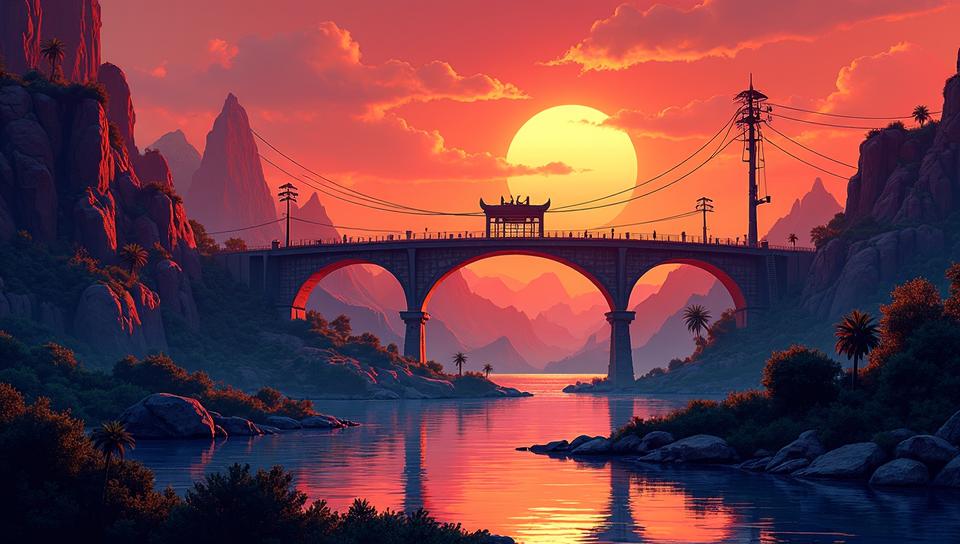 whimsical art designed by Pixar, Anime, landscape of a S Durban and The City of the Dead in the Valley of the Kings, from inside a Footbridge