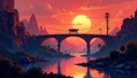 whimsical art designed by Pixar, Anime, landscape of a S Durban and The City of the Dead in the Valley of the Kings, from inside a Footbridge
