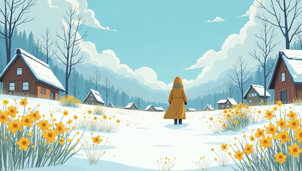 stylized by Tatsuro Kiuchi, Andreas Rocha, Portrait, landscape of a Cyberpunk Frostwind Hamlet of the Icy Winds and Asian Daffodil glade