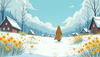 stylized by Tatsuro Kiuchi, Andreas Rocha, Portrait, landscape of a Cyberpunk Frostwind Hamlet of the Icy Winds and Asian Daffodil glade