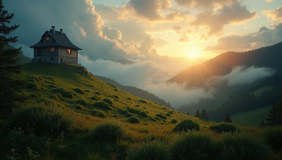 hillside, Wanderlust Unnatural The creation of the world by Odin , subtle play of light, fantastic aesthetic