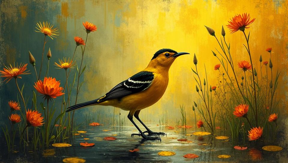 art by Fritz Bleyl , Digital art, medium shot of a Prothonotary Warbler , near fauna