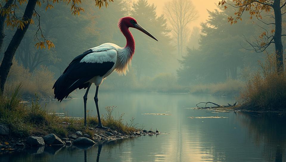 by Hiroshige , landscape art, full body shot of a monster Wood Stork of Dismal, Masculine