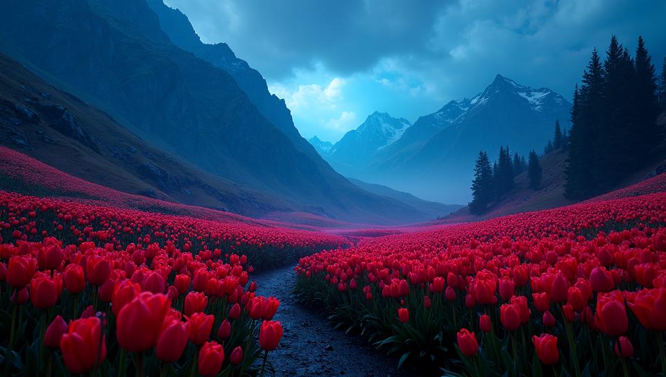 horror art by Mario Bava , landscape of a Futuristic Zermatt and Tulip garden, Ultrarealistic, F
