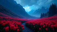 horror art by Mario Bava , landscape of a Futuristic Zermatt and Tulip garden, Ultrarealistic, F