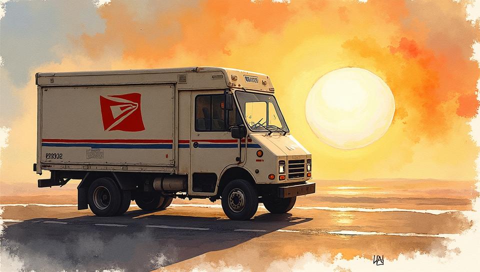 ink wash painting of, Postal delivery truck, Contemplative, attractive details