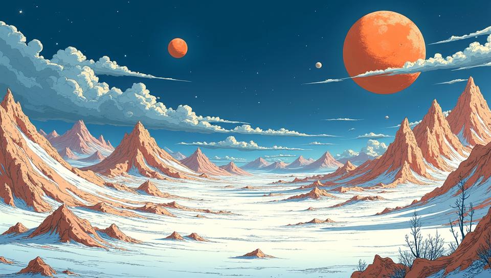 manga art by Junji Ito, landscape of a Bright Supple Navy, White and Orange Alien Research Lab, F